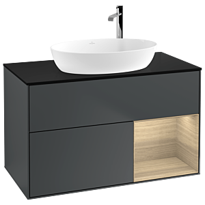 Villeroy und Boch Finion Waschtischunterschrank F902PCHG 100cm, Abdeckplatte black matt, Regale Oak Veneer, Midnight Blue Matt Lacquer