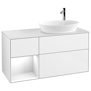 Villeroy et Boch Finion Villeroy et Boch F921GFGF 120cm, plaque de recouvrement blanc mat, étagères Laque blanche brillante, Laque blanche brillante