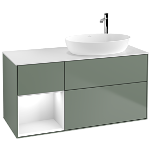 Villeroy und Boch Finion Waschtischunterschrank F921GFGM 120cm, Abdeckplatte white matt, Regale Glossy white lacquer, Olive Matt Lacquer