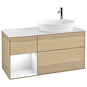 Villeroy et Boch Finion Villeroy et Boch F921GFPC 120cm, plaque de recouvrement blanc mat, étagères Laque blanche brillante, Oak Veneer