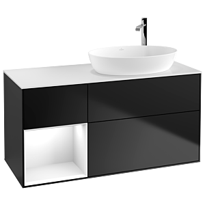 Villeroy und Boch Finion Waschtischunterschrank F921GFPD 120cm, Abdeckplatte white matt, Regale Glossy white lacquer, Black matt lacquer