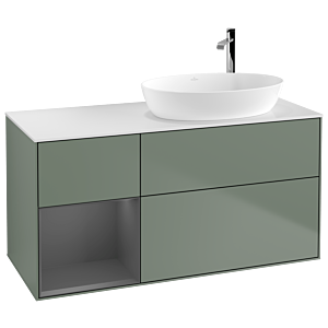 Villeroy et Boch Finion F921GKGM 120cm, plaque de recouvrement blanc mat, étagères laqué mat anthracite, Olive Matt Lacquer