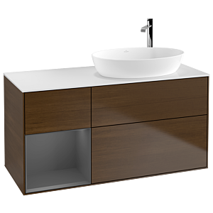 Villeroy und Boch Finion Waschtischunterschrank F921GKGN 120cm, Abdeckplatte white matt, Regale Anthracite matt lacquer, Walnut veneer