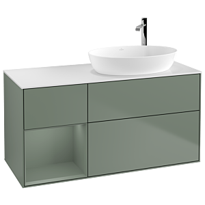 Villeroy et Boch Finion Villeroy et Boch F921GMGM 120cm, plaque de recouvrement blanc mat, étagères laqué olive mat, Olive Matt Lacquer