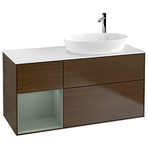 Villeroy und Boch Finion Waschtischunterschrank F921GMGN 120cm, Abdeckplatte white matt, Regale Olive matt lacquer, Walnut veneer