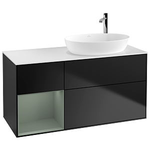 Villeroy et Boch Finion Villeroy et Boch F921GMPD 120cm, plaque de recouvrement blanc mat, étagères laqué olive mat, laqué noir mat