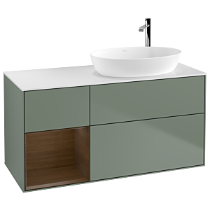 Villeroy und Boch Finion Waschtischunterschrank F921GNGM 120cm, Abdeckplatte white matt, Regale Walnut Veneer, Olive Matt Lacquer