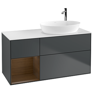 Villeroy und Boch Finion Waschtischunterschrank F921GNHG 120cm, Abdeckplatte white matt, Regale Walnut Veneer, Midnight Blue Matt Lacquer