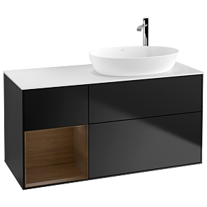 Villeroy und Boch Finion Waschtischunterschrank F921GNPD 120cm, Abdeckplatte white matt, Regale Walnut Veneer, Black matt lacquer