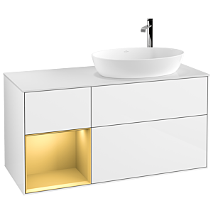 Villeroy und Boch Finion Waschtischunterschrank F921HFGF 120cm, Abdeckplatte white matt, Regale Gold matt lacquer, Glossy white lacquer