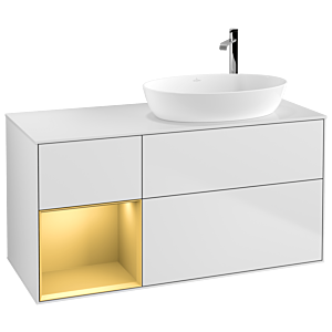 Villeroy und Boch Finion Waschtischunterschrank F921HFMT 120cm, Abdeckplatte white matt, Regale Gold matt lacquer, White matt lacquer