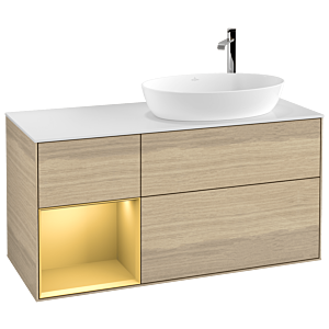 Villeroy und Boch Finion Waschtischunterschrank F921HFPC 120cm, Abdeckplatte white matt, Regale Gold matt lacquer, Oak Veneer