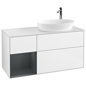 Villeroy und Boch Finion Waschtischunterschrank F921HGGF 120cm, Abdeckplatte white matt, Regale Midnight matt lacquer, Glossy white lacquer