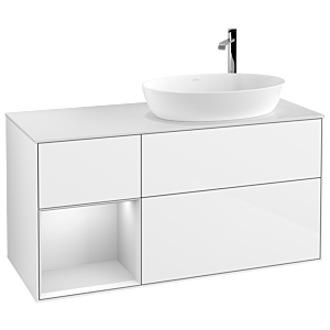 Villeroy und Boch Finion Waschtischunterschrank F921MTGF 120cm, Abdeckplatte white matt, Regale White matt lacquer, Glossy white lacquer