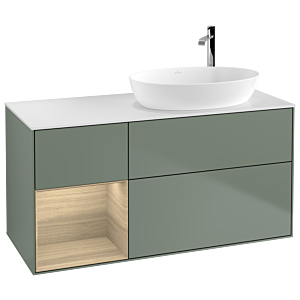 Villeroy und Boch Finion Waschtischunterschrank F921PCGM 120cm, Abdeckplatte white matt, Regale Oak Veneer, Olive Matt Lacquer