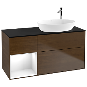 Villeroy und Boch Finion Waschtischunterschrank F922GFGN 120cm, Abdeckplatte black matt, Regale Glossy white lacquer, Walnut veneer