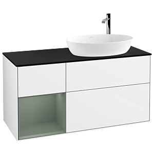 Villeroy et Boch Finion Villeroy et Boch F922GMGF 120cm, plaque de recouvrement noir mat, étagères laqué olive mat, laqué blanc brillant