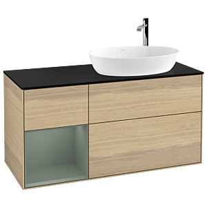 Villeroy und Boch Finion Waschtischunterschrank F922GMPC 120cm, Abdeckplatte black matt, Regale Olive matt lacquer, Oak Veneer