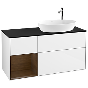 Villeroy und Boch Finion Waschtischunterschrank F922GNGF 120cm, Abdeckplatte black matt, Regale Walnut Veneer, Glossy white lacquer