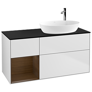 Villeroy und Boch Finion Waschtischunterschrank F922GNMT 120cm, Abdeckplatte black matt, Regale Walnut Veneer, White matt lacquer
