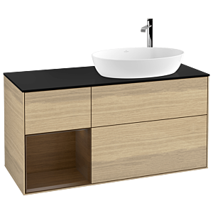 Villeroy und Boch Finion Waschtischunterschrank F922GNPC 120cm, Abdeckplatte black matt, Regale Walnut Veneer, Oak Veneer