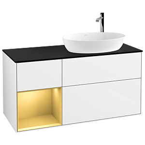 Villeroy und Boch Finion Waschtischunterschrank F922HFGF 120cm, Abdeckplatte black matt, Regale Gold matt lacquer, Glossy white lacquer