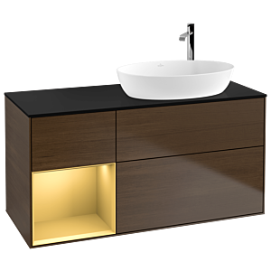 Villeroy und Boch Finion Waschtischunterschrank F922HFGN 120cm, Abdeckplatte black matt, Regale Gold matt lacquer, Walnut veneer