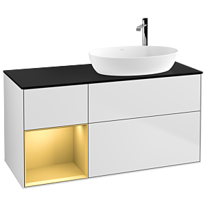 Villeroy und Boch Finion Waschtischunterschrank F922HFMT 120cm, Abdeckplatte black matt, Regale Gold matt lacquer, White matt lacquer