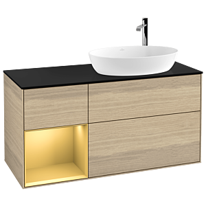Villeroy et Boch Finion Villeroy et Boch F922HFPC 120cm, plaque de finition noir mat, étagères laqué or mat, Oak Veneer