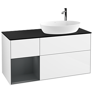 Villeroy et Boch Finion Villeroy et Boch F922HGGF 120cm, plaque de recouvrement noire mate, étagères laqué mat Midnight, laqué blanc brillant