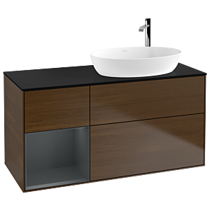 Villeroy und Boch Finion Waschtischunterschrank F922HGGN 120cm, Abdeckplatte black matt, Regale Midnight matt lacquer, Walnut veneer