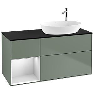 Villeroy und Boch Finion Waschtischunterschrank F922MTGM 120cm, Abdeckplatte black matt, Regale White matt lacquer, Olive Matt Lacquer