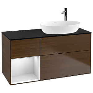Villeroy und Boch Finion Waschtischunterschrank F922MTGN 120cm, Abdeckplatte black matt, Regale White matt lacquer, Walnut veneer