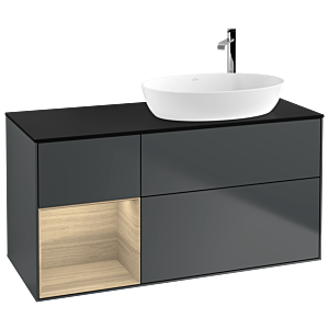 Villeroy und Boch Finion Waschtischunterschrank F922PCHG 120cm, Abdeckplatte black matt, Regale Oak Veneer, Midnight Blue Matt Lacquer