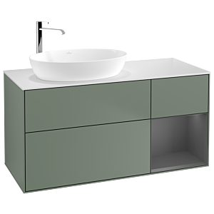 Villeroy und Boch Finion Waschtischunterschrank F931GKGM 120cm, Abdeckplatte white matt, Regale Anthracite matt lacquer, Olive Matt Lacquer