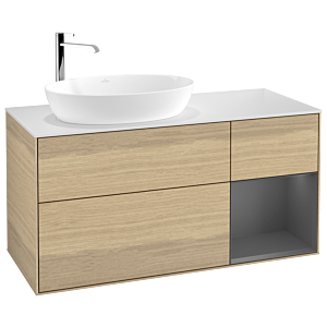 Villeroy und Boch Finion Waschtischunterschrank F931GKPC 120cm, Abdeckplatte white matt, Regale Anthracite matt lacquer, Oak Veneer