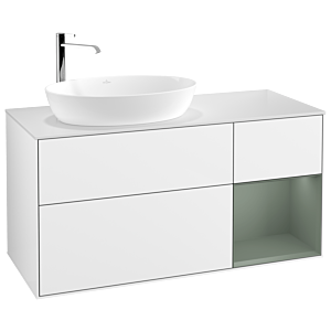Villeroy und Boch Finion Waschtischunterschrank F931GMGF 120cm, Abdeckplatte white matt, Regale Olive matt lacquer, Glossy white lacquer