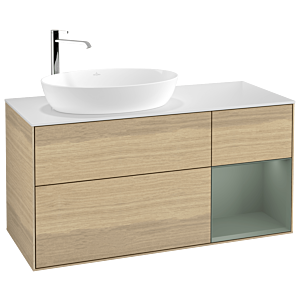 Villeroy et Boch Finion Villeroy et Boch F931GMPC 120cm, plaque de recouvrement blanc mat, étagères laqué olive mat, Oak Veneer