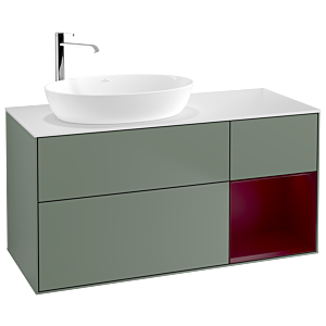 Villeroy et Boch Finion Villeroy et Boch F931HBGM 120cm, plaque de recouvrement blanc mat, étagères Peony laqué mat, Olive Matt Lacquer