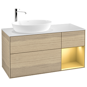 Villeroy und Boch Finion Waschtischunterschrank F931HFPC 120cm, Abdeckplatte white matt, Regale Gold matt lacquer, Oak Veneer