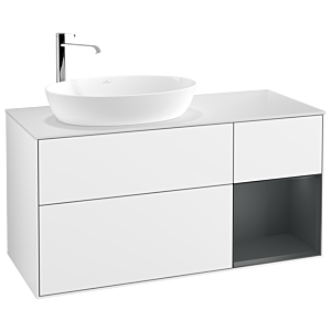 Villeroy und Boch Finion Waschtischunterschrank F931HGGF 120cm, Abdeckplatte white matt, Regale Midnight matt lacquer, Glossy white lacquer