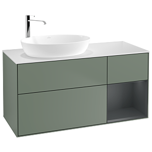 Villeroy und Boch Finion Waschtischunterschrank F931HGGM 120cm, Abdeckplatte white matt, Regale Midnight matt lacquer, Olive Matt Lacquer