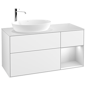 Villeroy und Boch Finion Waschtischunterschrank F931MTGF 120cm, Abdeckplatte white matt, Regale White matt lacquer, Glossy white lacquer