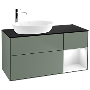 Villeroy und Boch Finion Waschtischunterschrank F932GFGM 120cm, Abdeckplatte black matt, Regale Glossy white lacquer, Olive Matt Lacquer