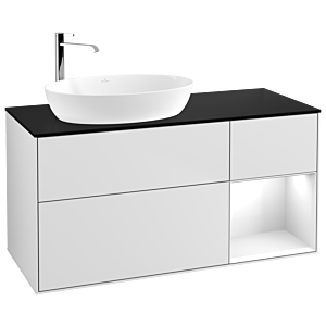 Villeroy und Boch Finion Waschtischunterschrank F932GFMT 120cm, Abdeckplatte black matt, Regale Glossy white lacquer, White matt lacquer