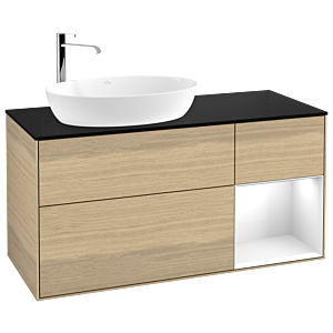 Villeroy und Boch Finion Waschtischunterschrank F932GFPC 120cm, Abdeckplatte black matt, Regale Glossy white lacquer, Oak Veneer