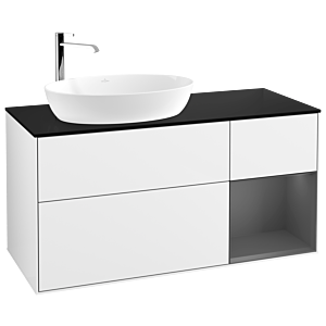 Villeroy und Boch Finion Waschtischunterschrank F932GKGF 120cm, Abdeckplatte black matt, Regale Anthracite matt lacquer, Glossy white lacquer