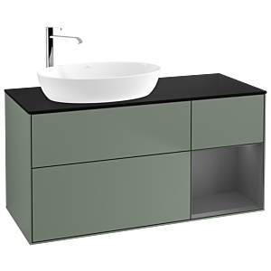 Villeroy und Boch Finion Waschtischunterschrank F932GKGM 120cm, Abdeckplatte black matt, Regale Anthracite matt lacquer, Olive Matt Lacquer
