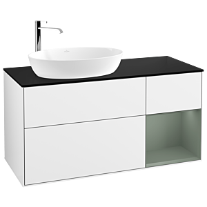 Villeroy und Boch Finion Waschtischunterschrank F932GMGF 120cm, Abdeckplatte black matt, Regale Olive matt lacquer, Glossy white lacquer