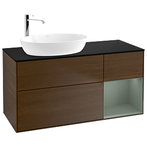 Villeroy und Boch Finion Waschtischunterschrank F932GMGN 120cm, Abdeckplatte black matt, Regale Olive matt lacquer, Walnut veneer